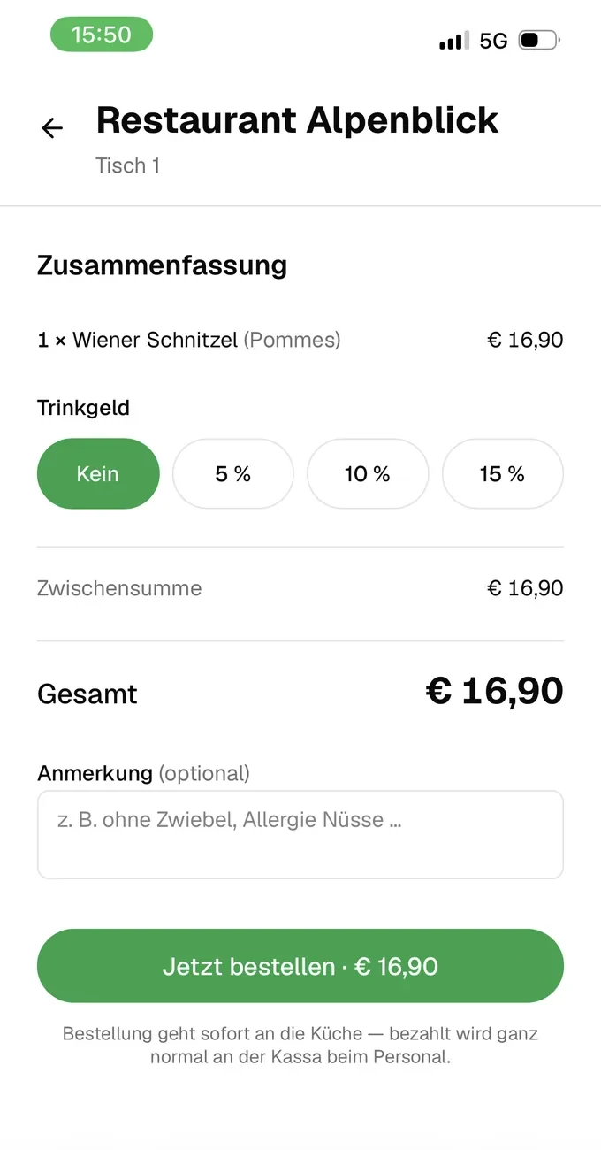 Orderfuchs: Zusammenfassung mit Trinkgeld-Auswahl